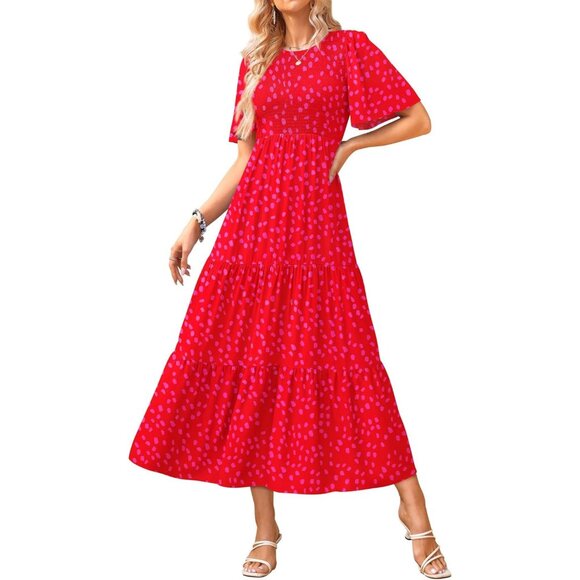 Womens Smocked Midi Dress Lightweight Summer Casual Flutter Short Sleeve Flowy - Picture 1 of 5